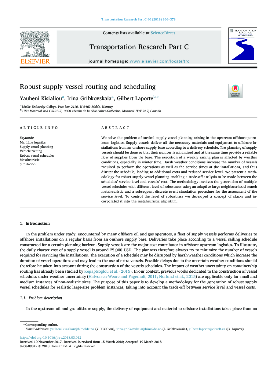 Robust supply vessel routing and scheduling