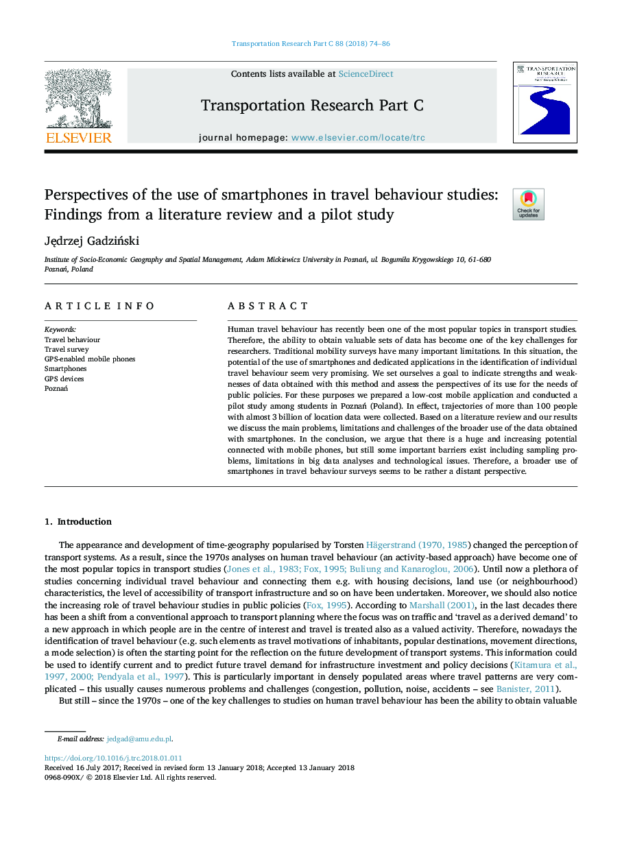 Perspectives of the use of smartphones in travel behaviour studies: Findings from a literature review and a pilot study
