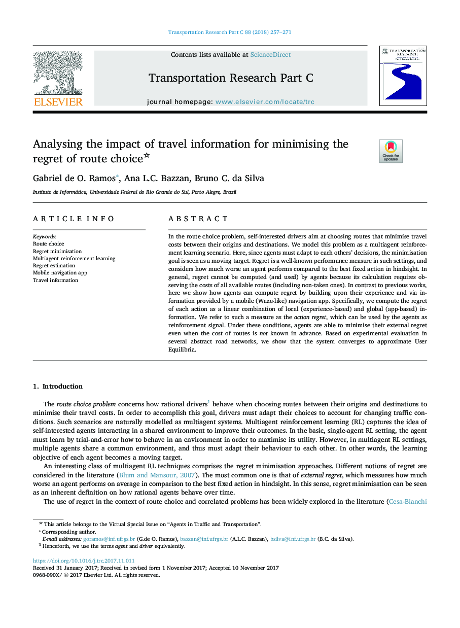 Analysing the impact of travel information for minimising the regret of route choice