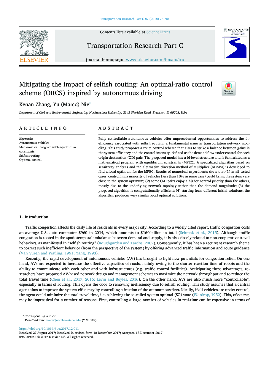 Mitigating the impact of selfish routing: An optimal-ratio control scheme (ORCS) inspired by autonomous driving