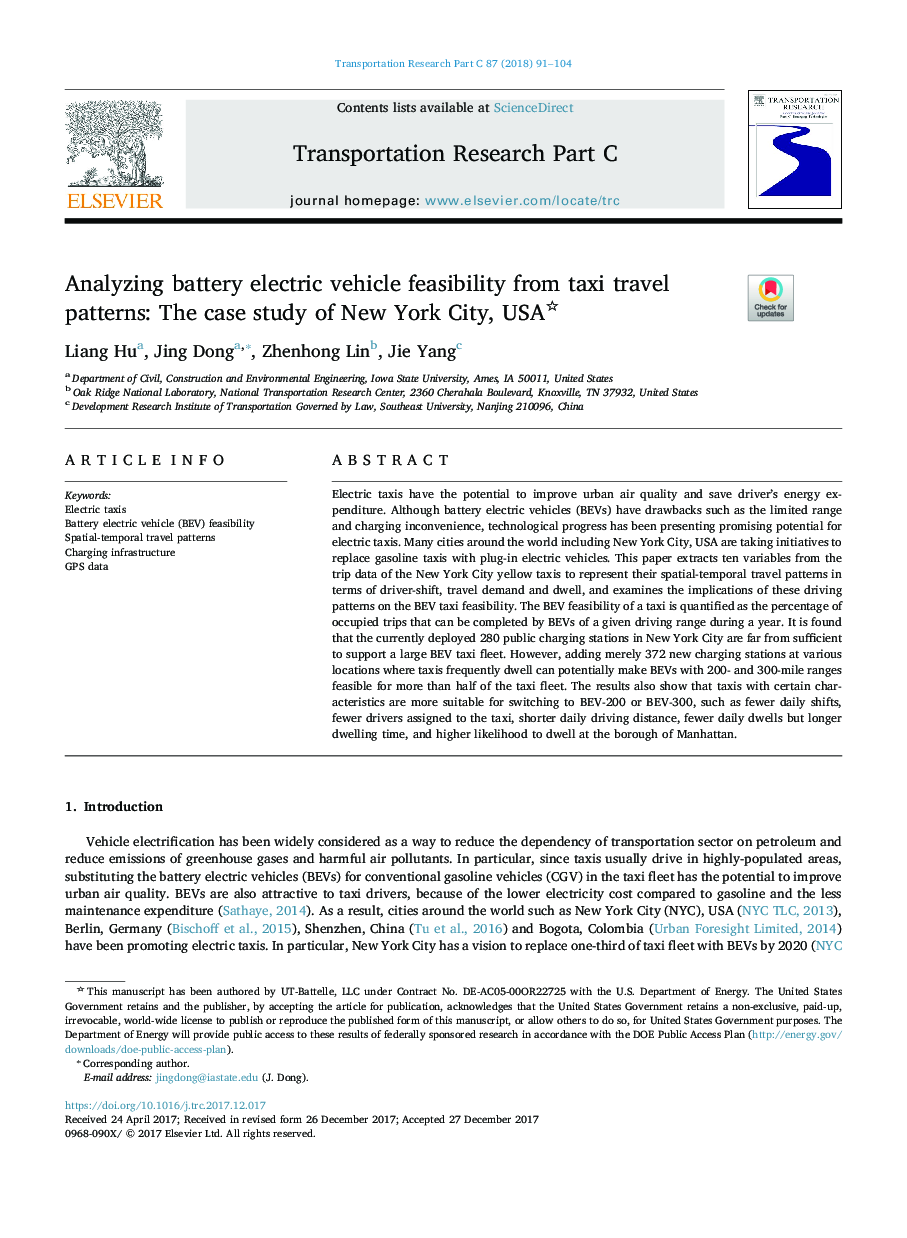 Analyzing battery electric vehicle feasibility from taxi travel patterns: The case study of New York City, USA