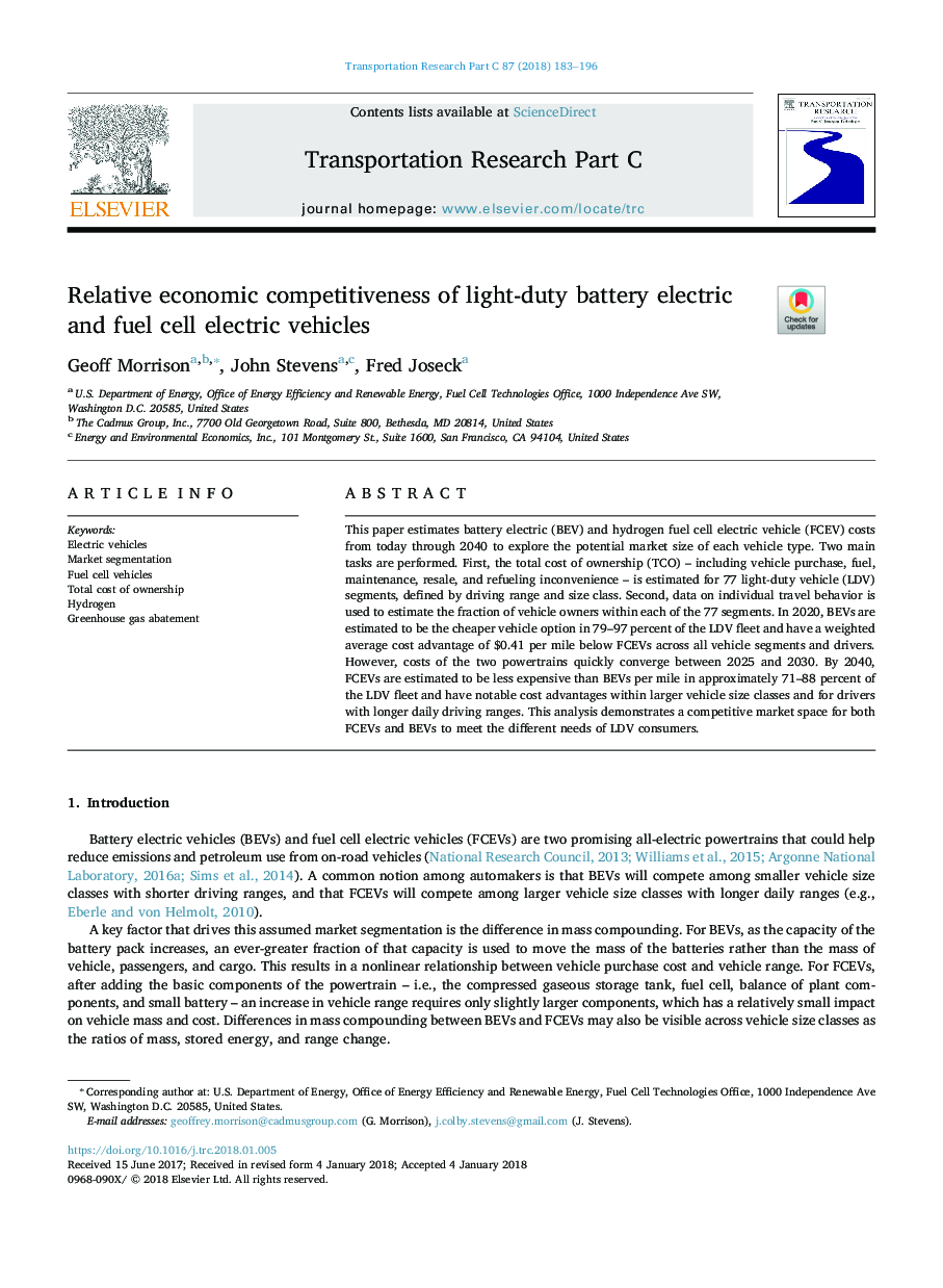 Relative economic competitiveness of light-duty battery electric and fuel cell electric vehicles