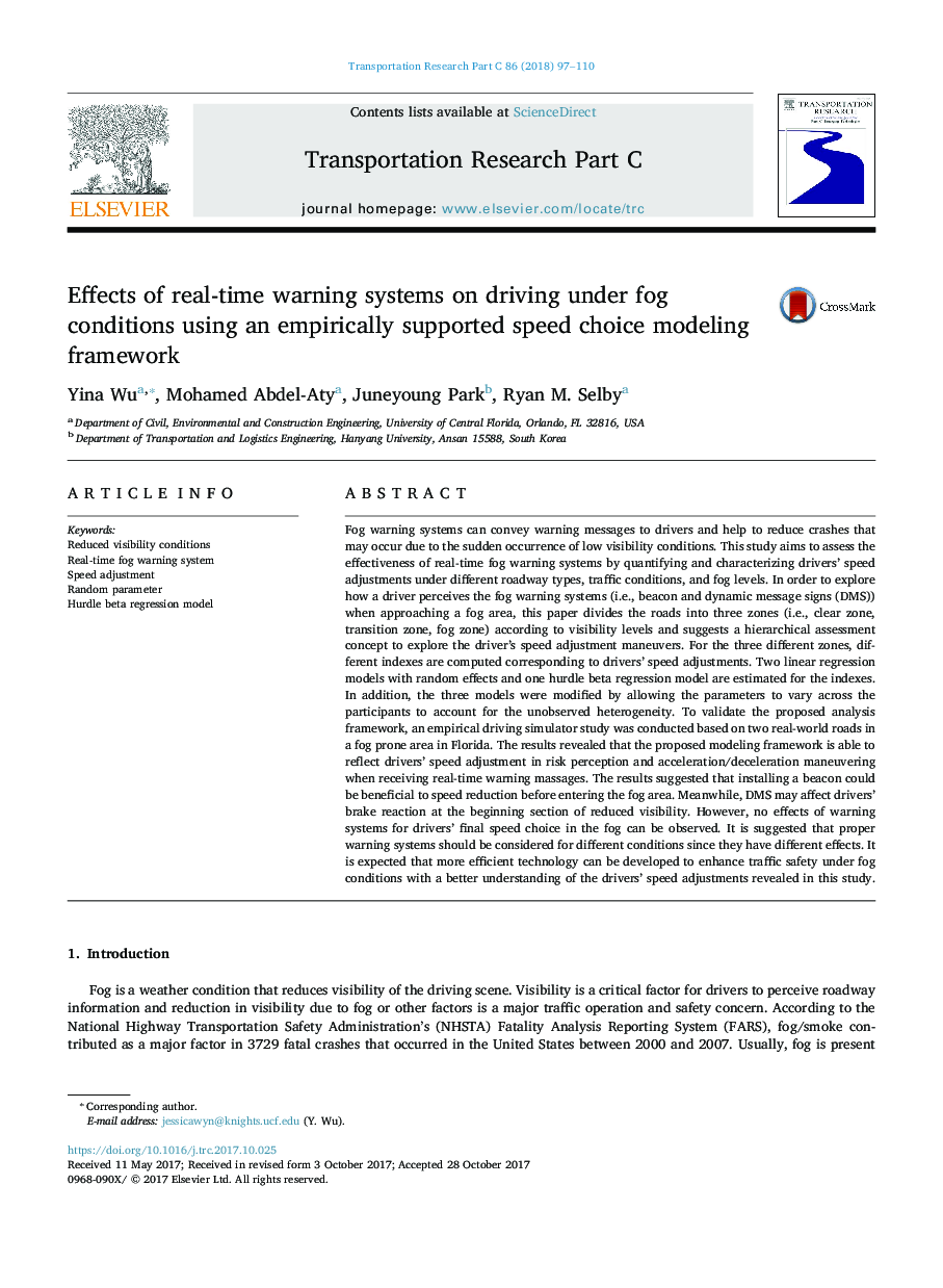 Effects of real-time warning systems on driving under fog conditions using an empirically supported speed choice modeling framework
