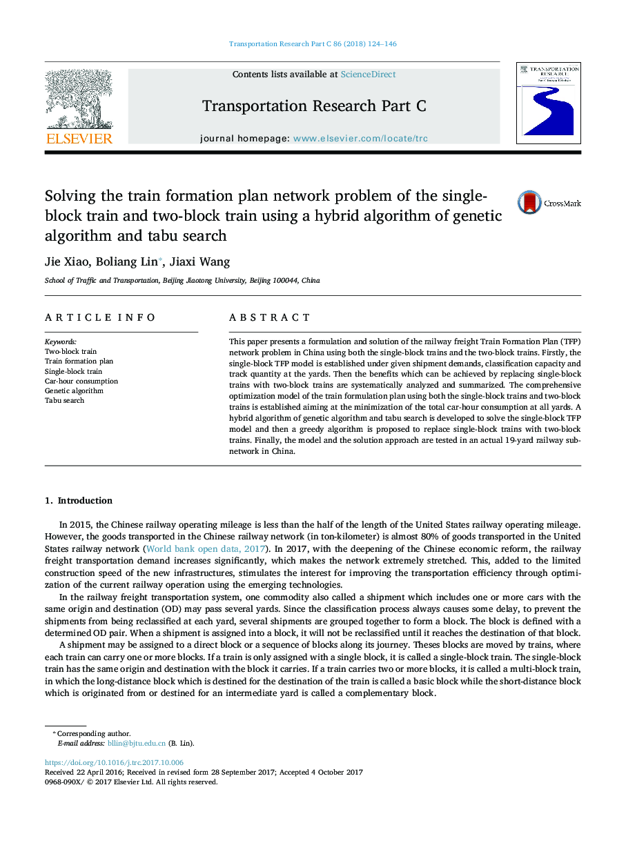 Solving the train formation plan network problem of the single-block train and two-block train using a hybrid algorithm of genetic algorithm and tabu search