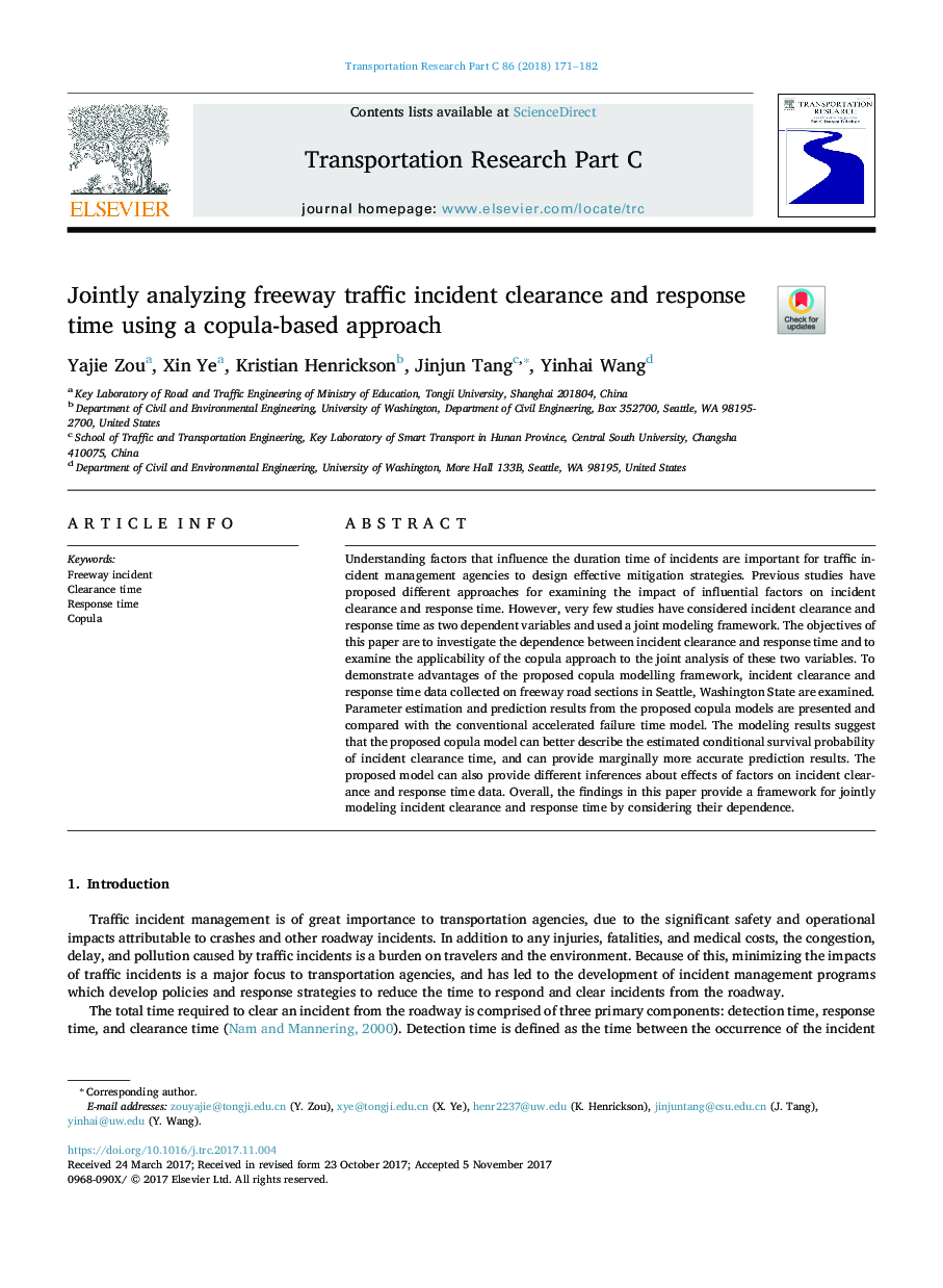 Jointly analyzing freeway traffic incident clearance and response time using a copula-based approach