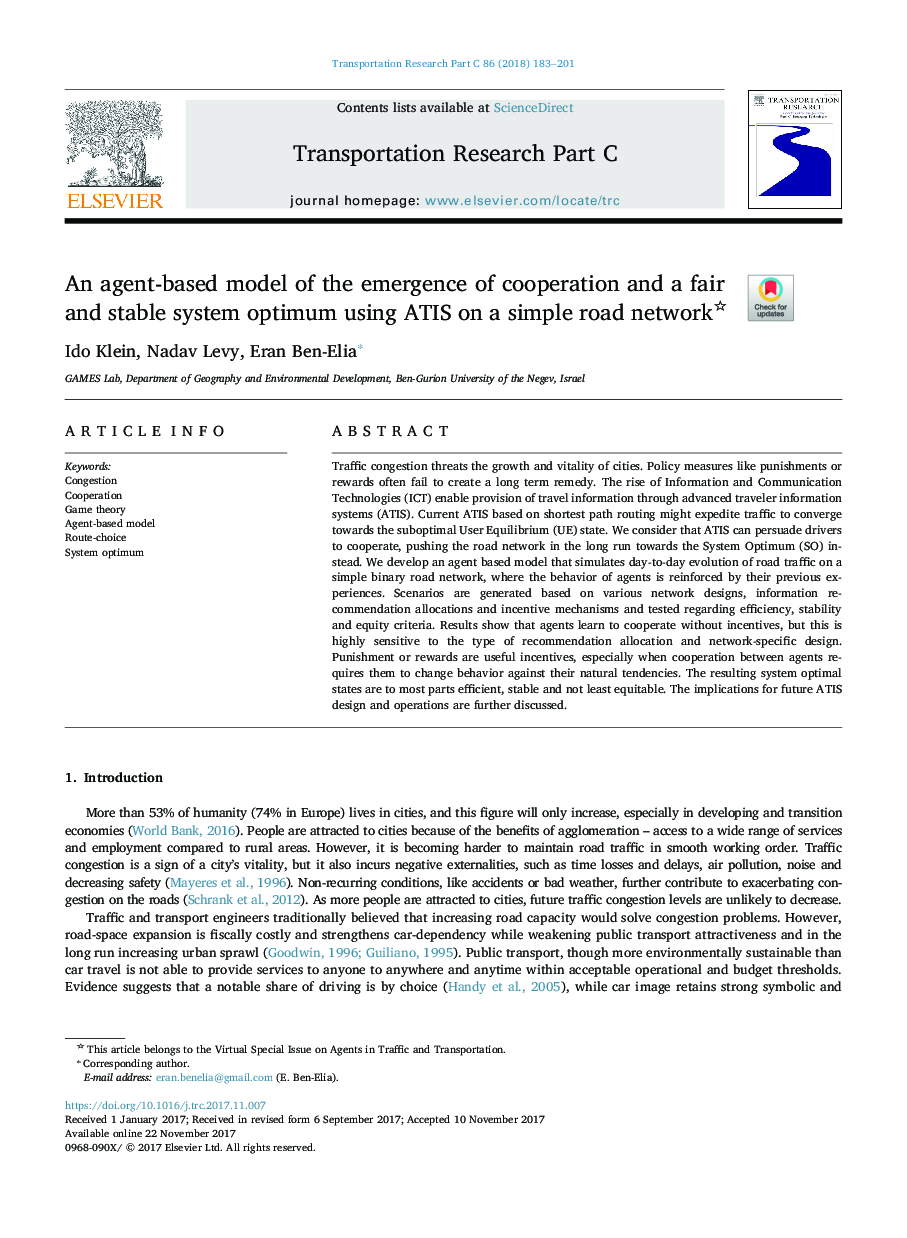 An agent-based model of the emergence of cooperation and a fair and stable system optimum using ATIS on a simple road network