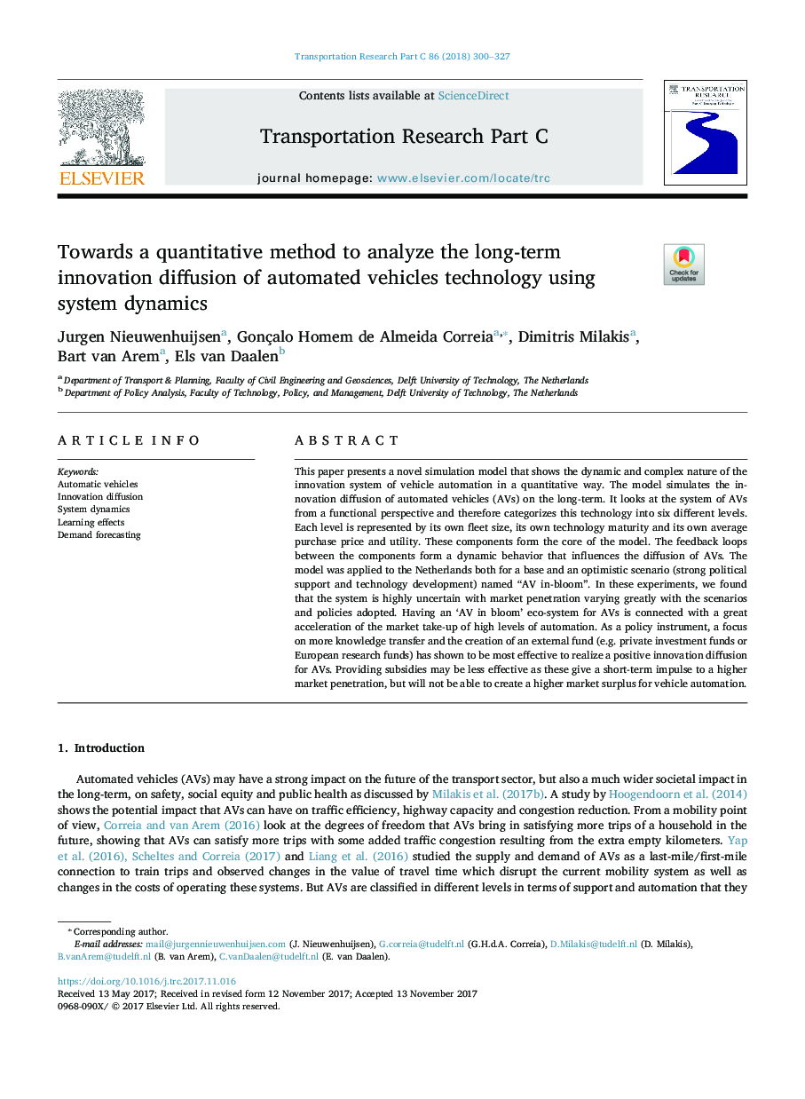 Towards a quantitative method to analyze the long-term innovation diffusion of automated vehicles technology using system dynamics