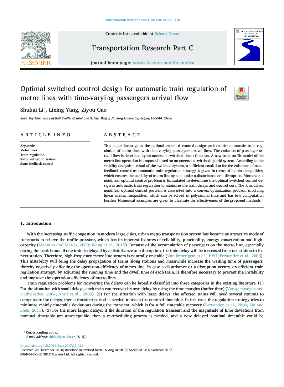 Optimal switched control design for automatic train regulation of metro lines with time-varying passengers arrival flow