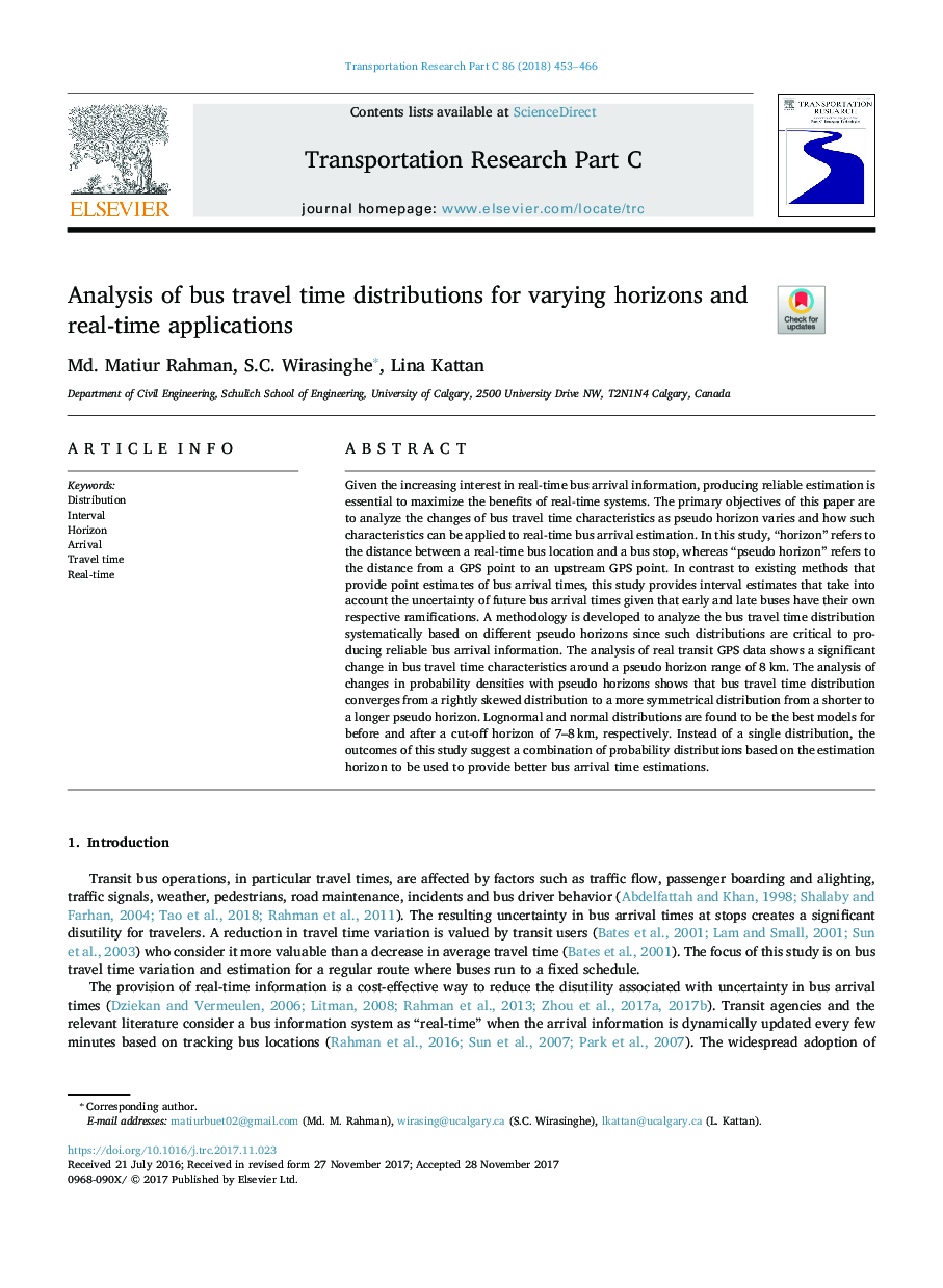 Analysis of bus travel time distributions for varying horizons and real-time applications