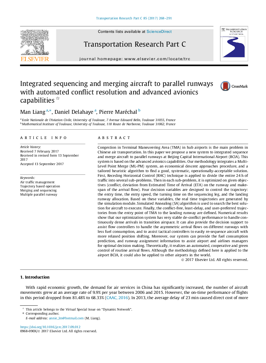 Integrated sequencing and merging aircraft to parallel runways with automated conflict resolution and advanced avionics capabilities