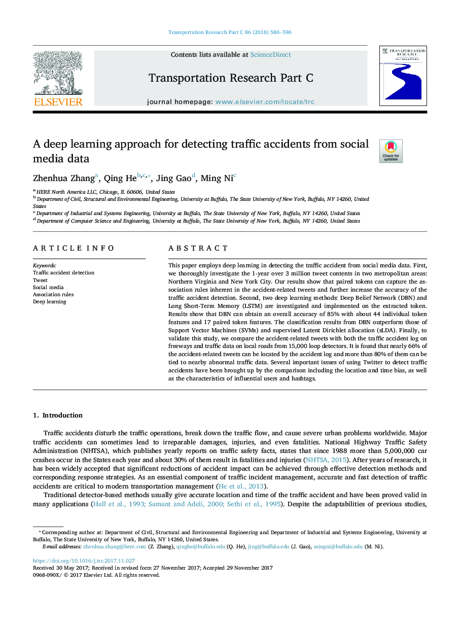 A deep learning approach for detecting traffic accidents from social media data
