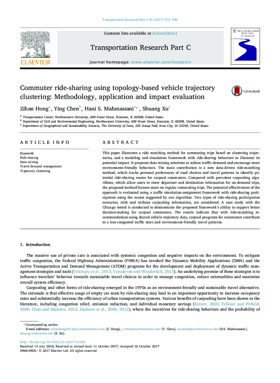 Commuter ride-sharing using topology-based vehicle trajectory clustering: Methodology, application and impact evaluation