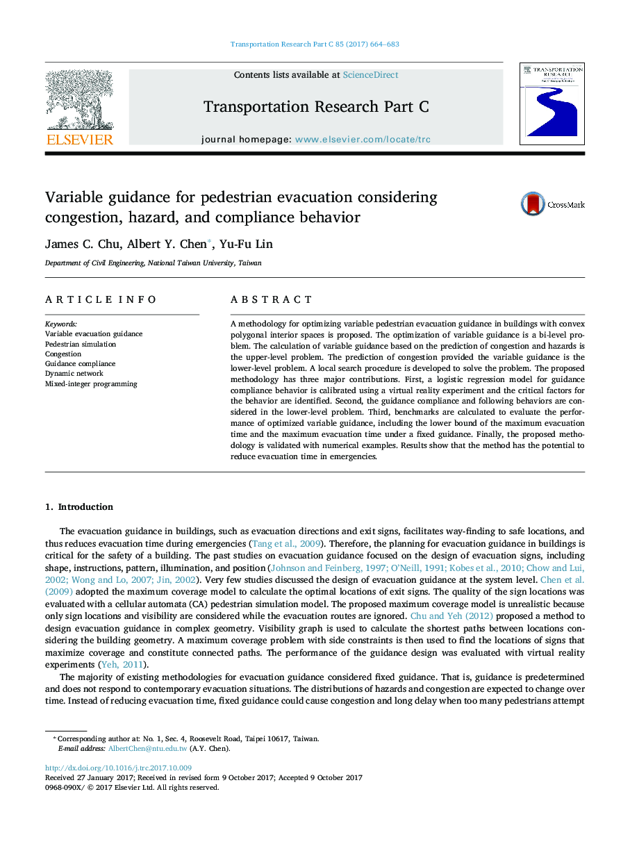 Variable guidance for pedestrian evacuation considering congestion, hazard, and compliance behavior