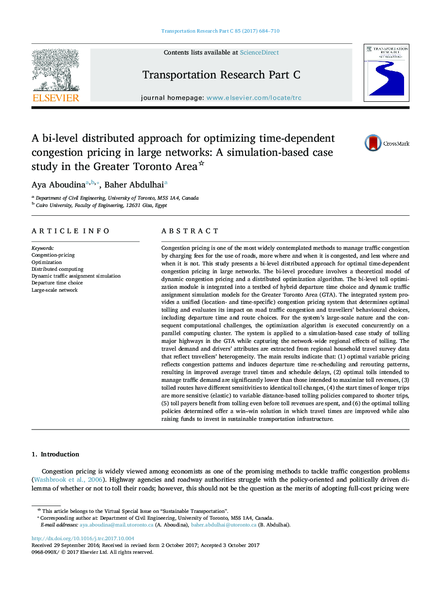 A bi-level distributed approach for optimizing time-dependent congestion pricing in large networks: A simulation-based case study in the Greater Toronto Area