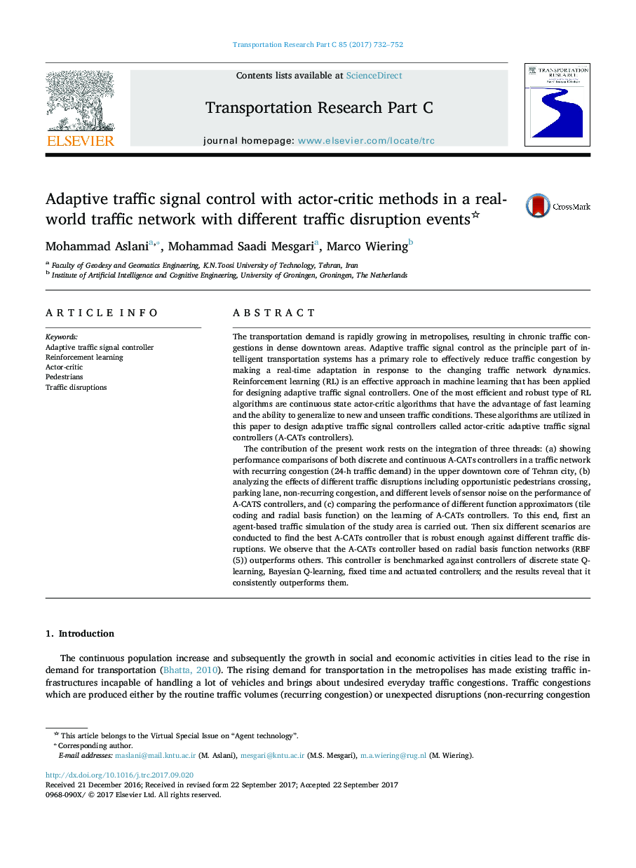 Adaptive traffic signal control with actor-critic methods in a real-world traffic network with different traffic disruption events