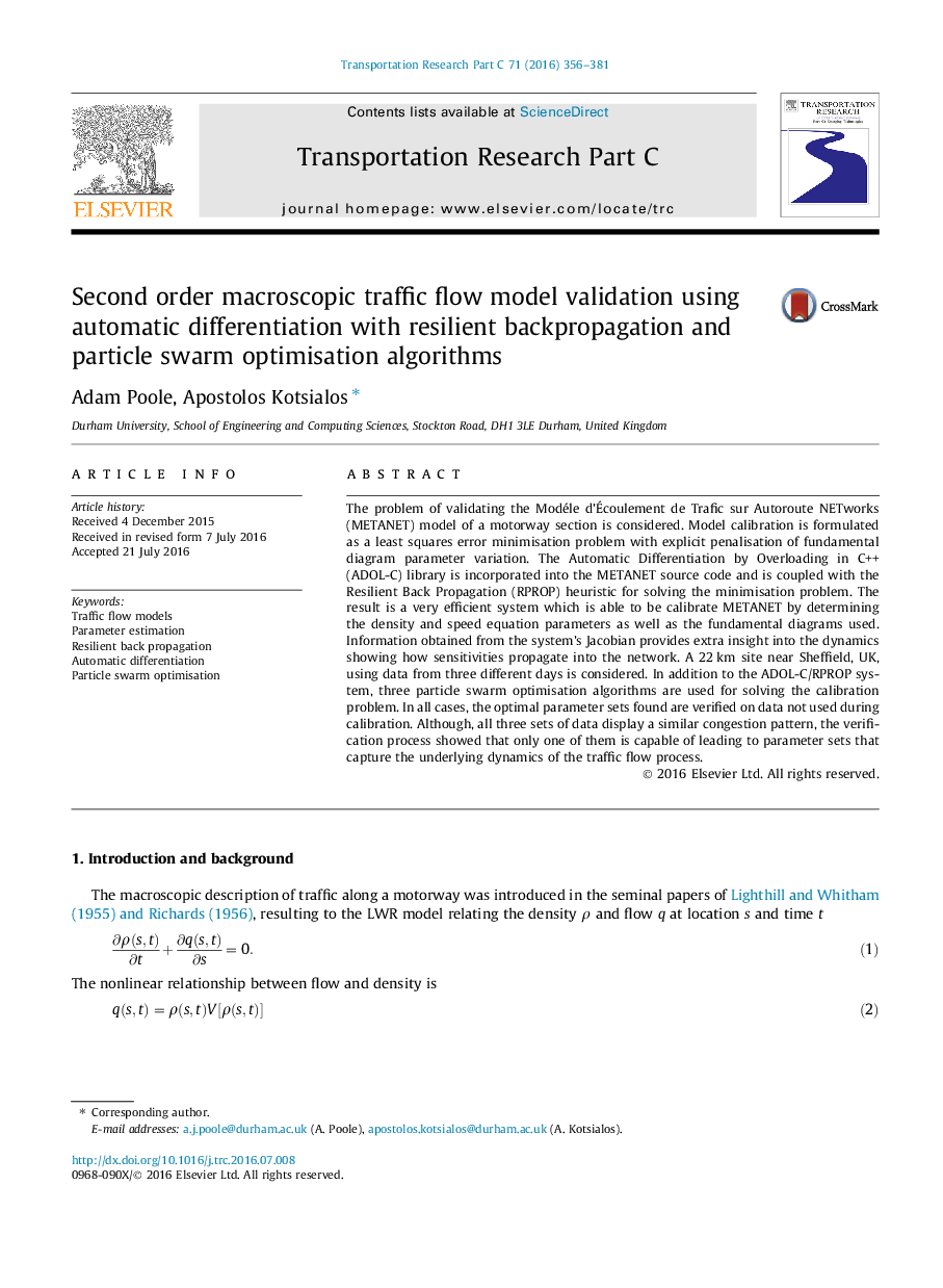 Second order macroscopic traffic flow model validation using automatic differentiation with resilient backpropagation and particle swarm optimisation algorithms