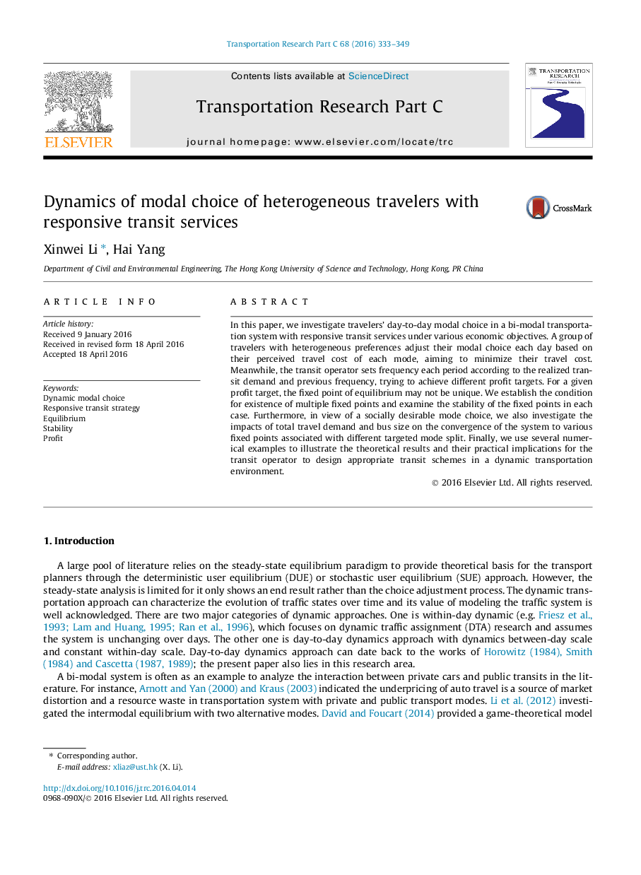 Dynamics of modal choice of heterogeneous travelers with responsive transit services