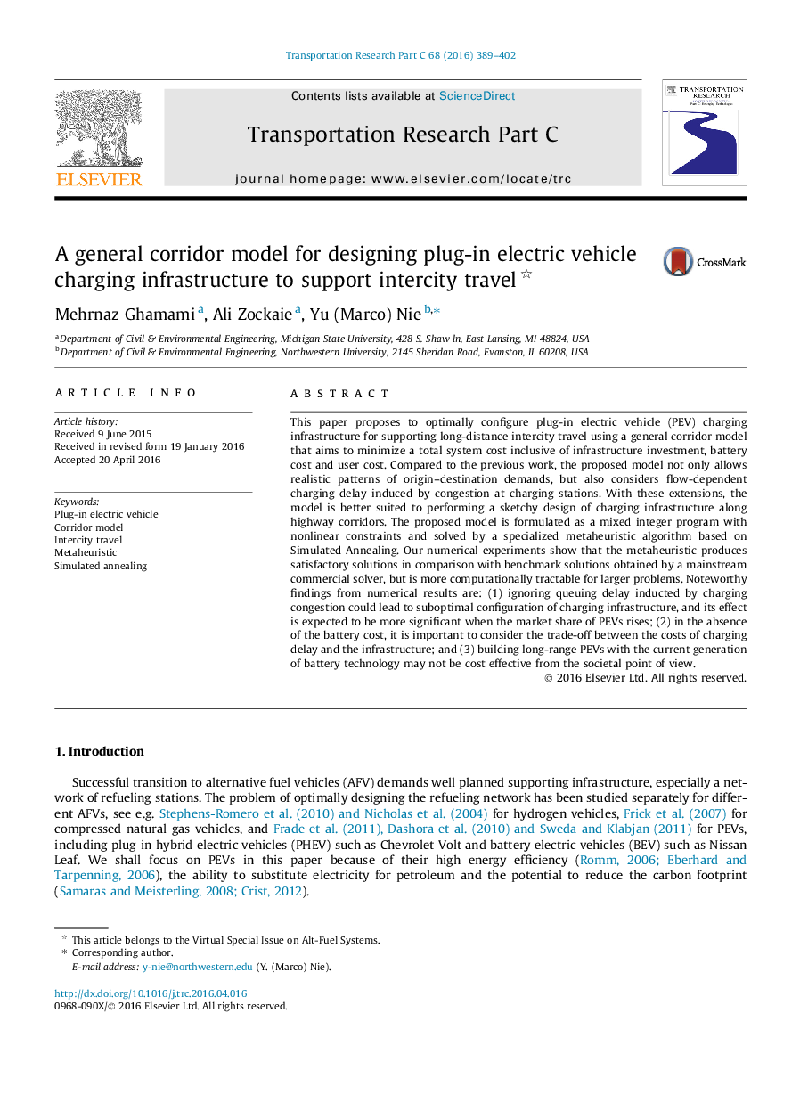 A general corridor model for designing plug-in electric vehicle charging infrastructure to support intercity travel