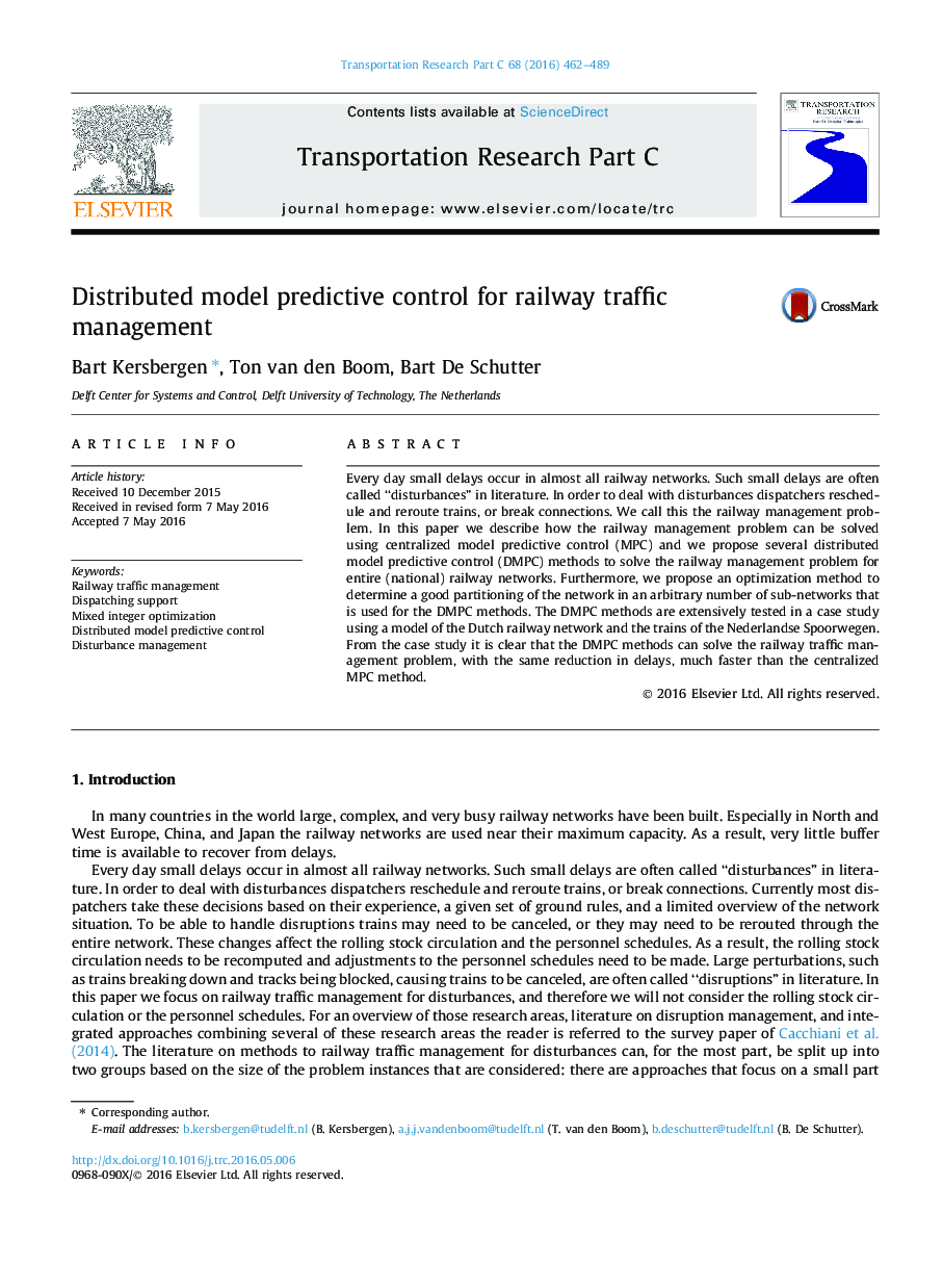 Distributed model predictive control for railway traffic management