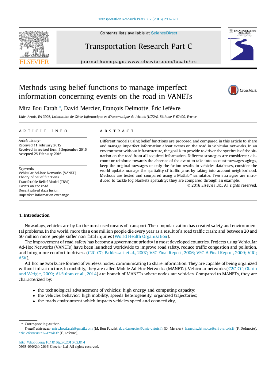 Methods using belief functions to manage imperfect information concerning events on the road in VANETs