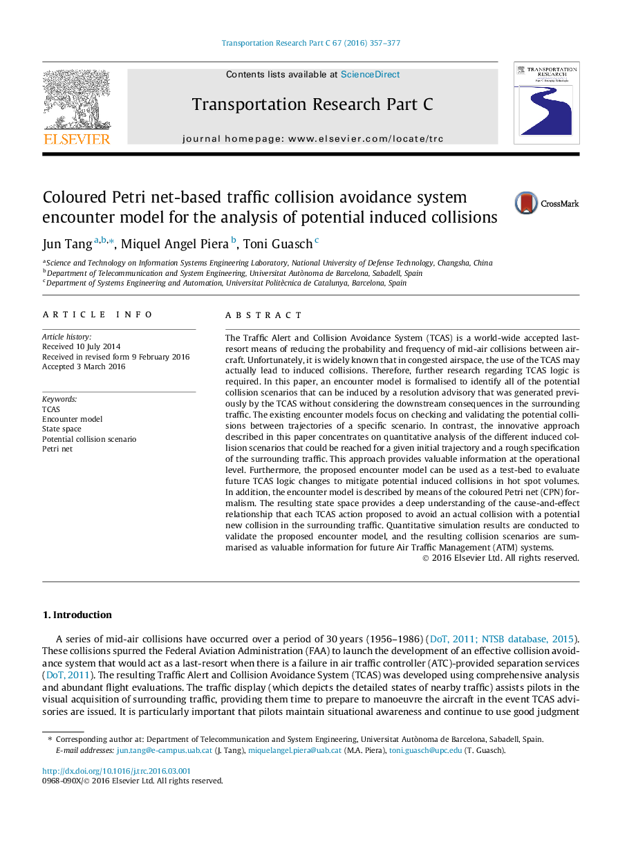 Coloured Petri net-based traffic collision avoidance system encounter model for the analysis of potential induced collisions