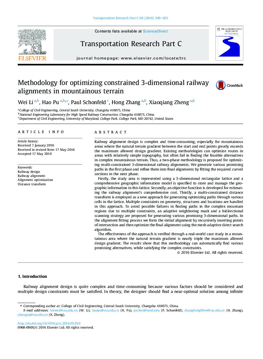 Methodology for optimizing constrained 3-dimensional railway alignments in mountainous terrain