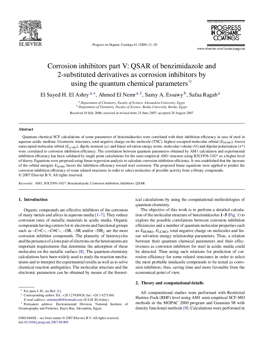 Corrosion inhibitors part V: QSAR of benzimidazole and 2-substituted derivatives as corrosion inhibitors by using the quantum chemical parameters 