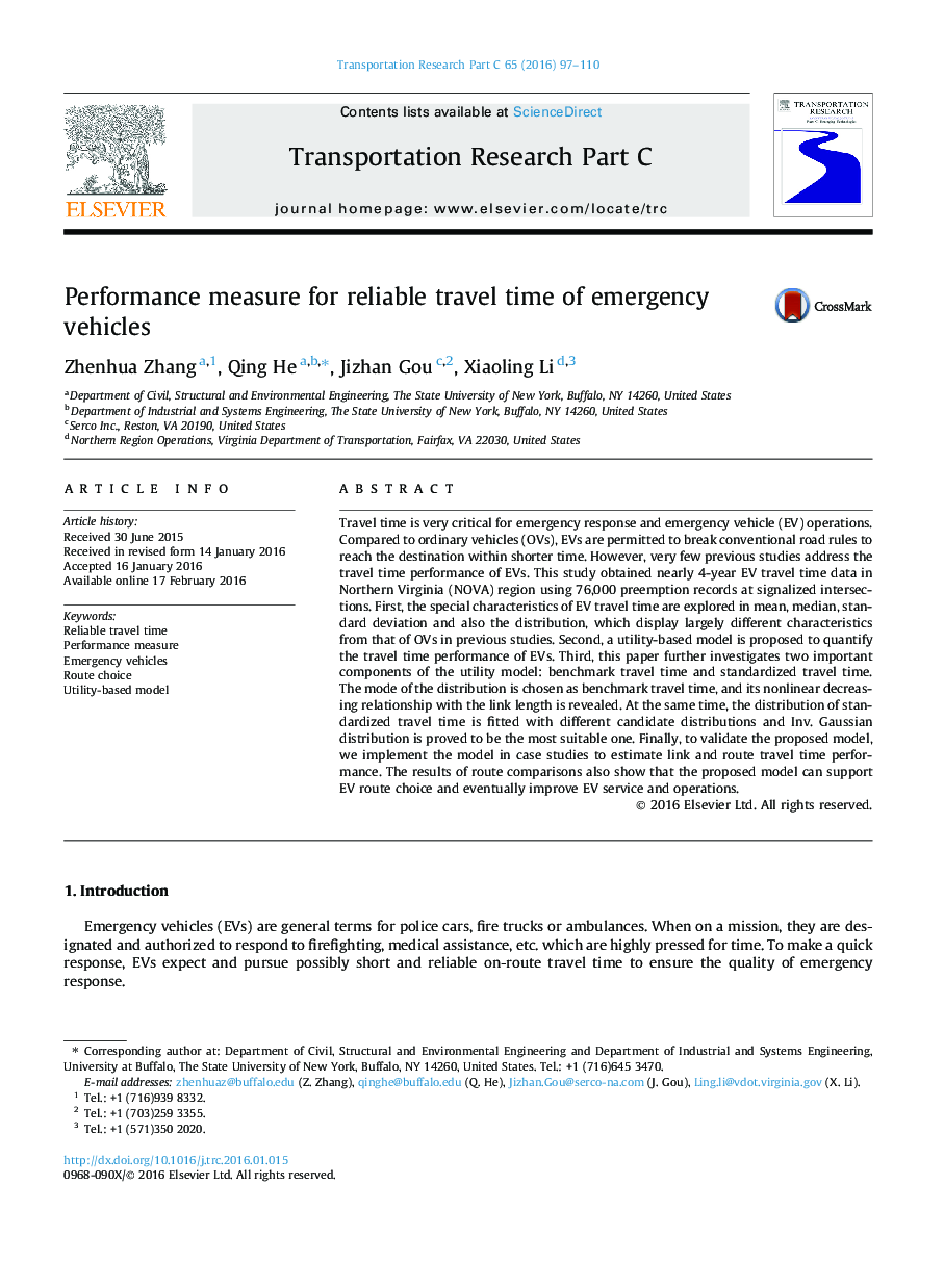 Performance measure for reliable travel time of emergency vehicles