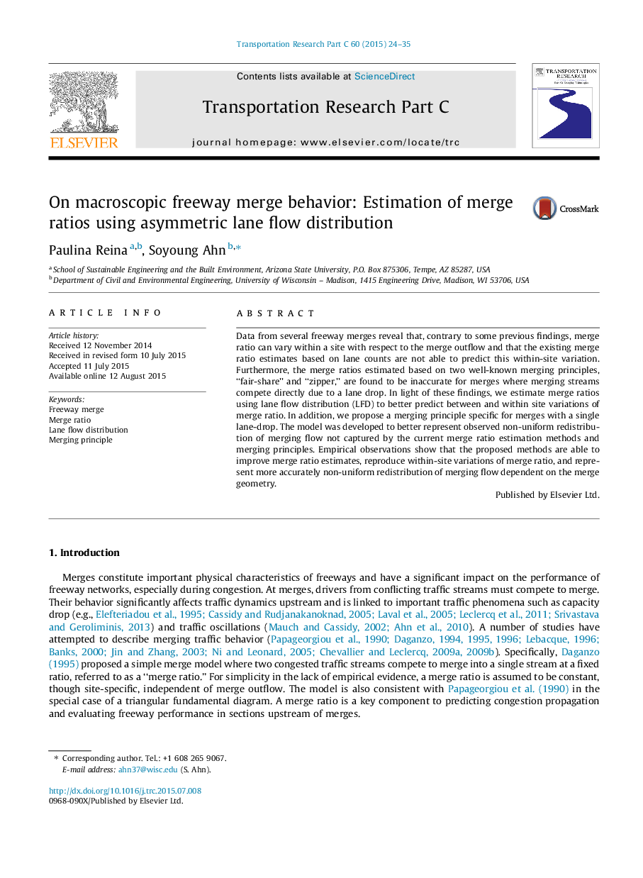 On macroscopic freeway merge behavior: Estimation of merge ratios using asymmetric lane flow distribution