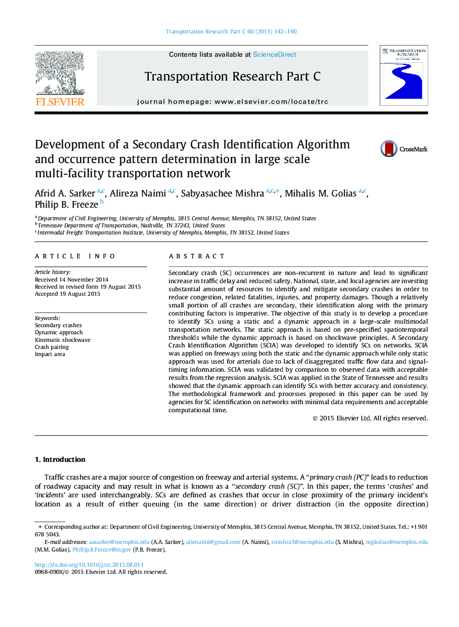 Development of a Secondary Crash Identification Algorithm and occurrence pattern determination in large scale multi-facility transportation network