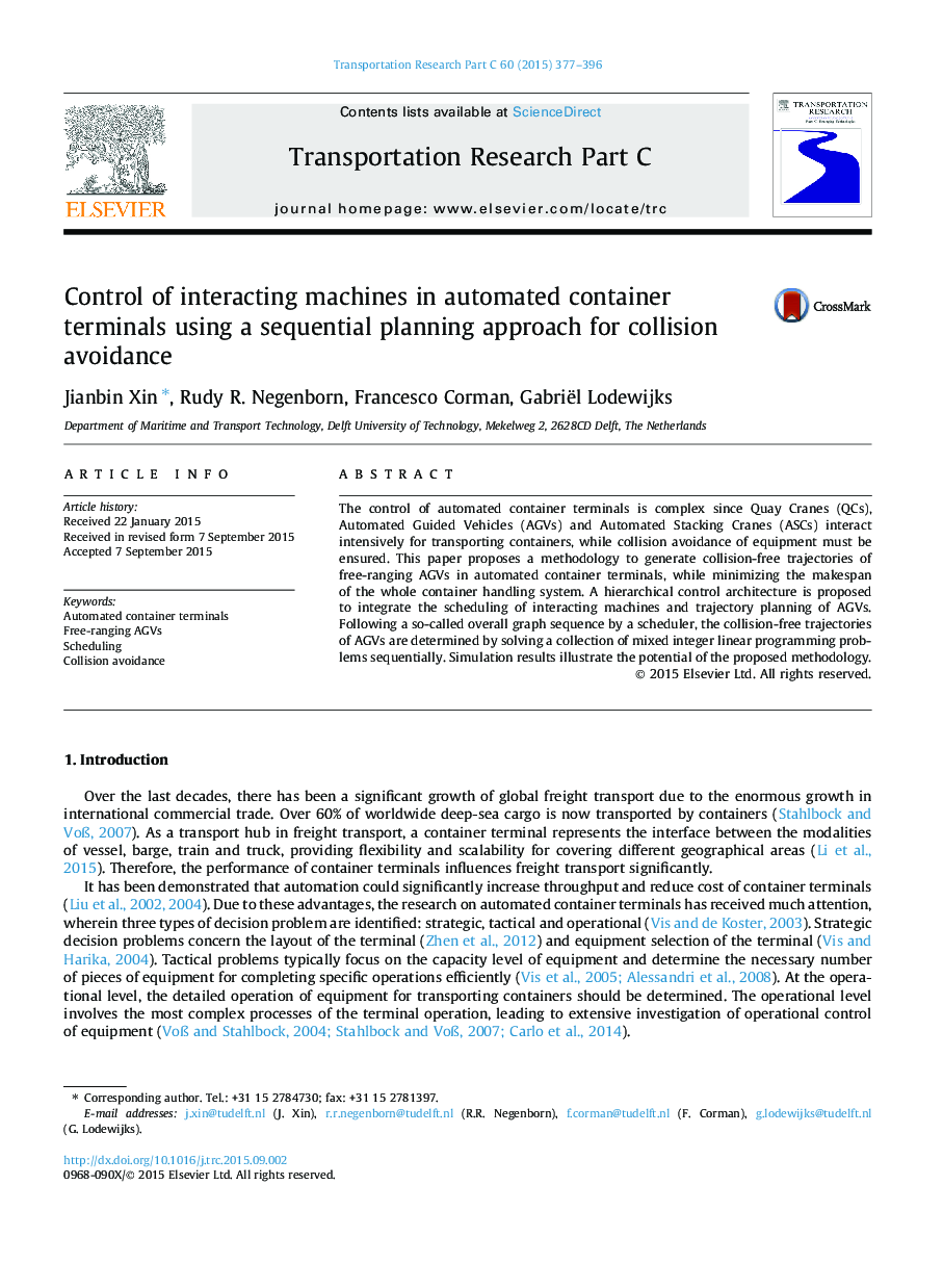 Control of interacting machines in automated container terminals using a sequential planning approach for collision avoidance