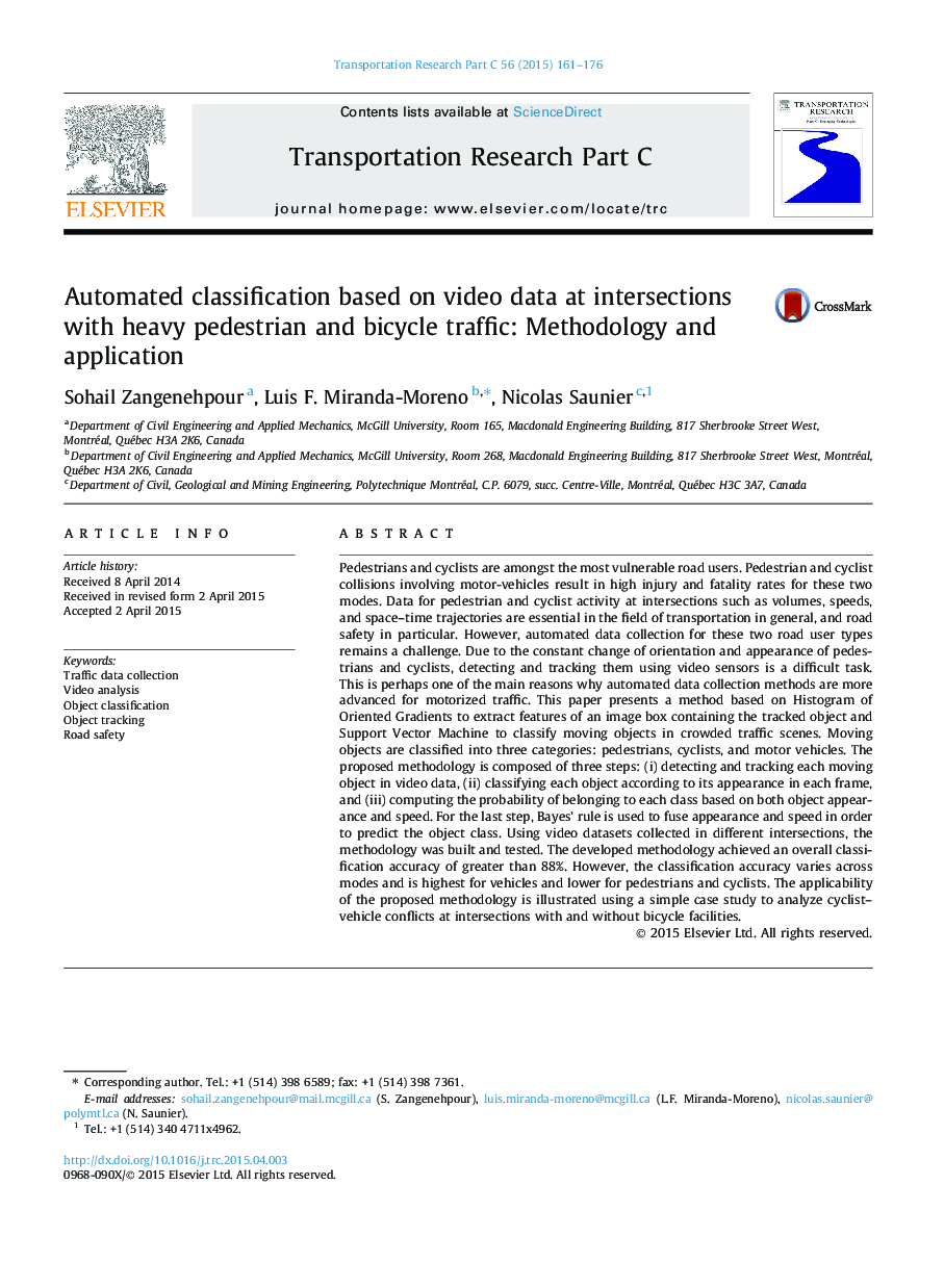 Automated classification based on video data at intersections with heavy pedestrian and bicycle traffic: Methodology and application