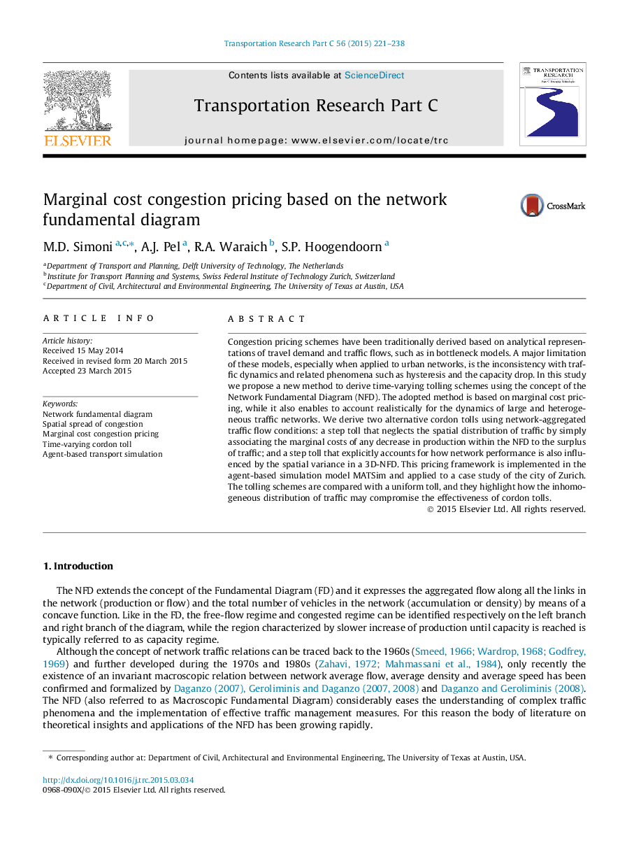 Marginal cost congestion pricing based on the network fundamental diagram