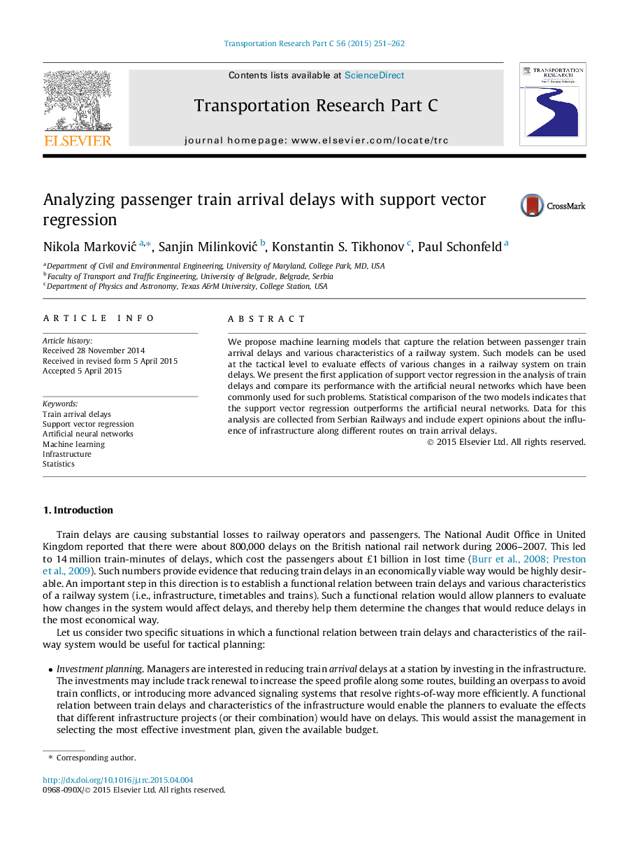 Analyzing passenger train arrival delays with support vector regression