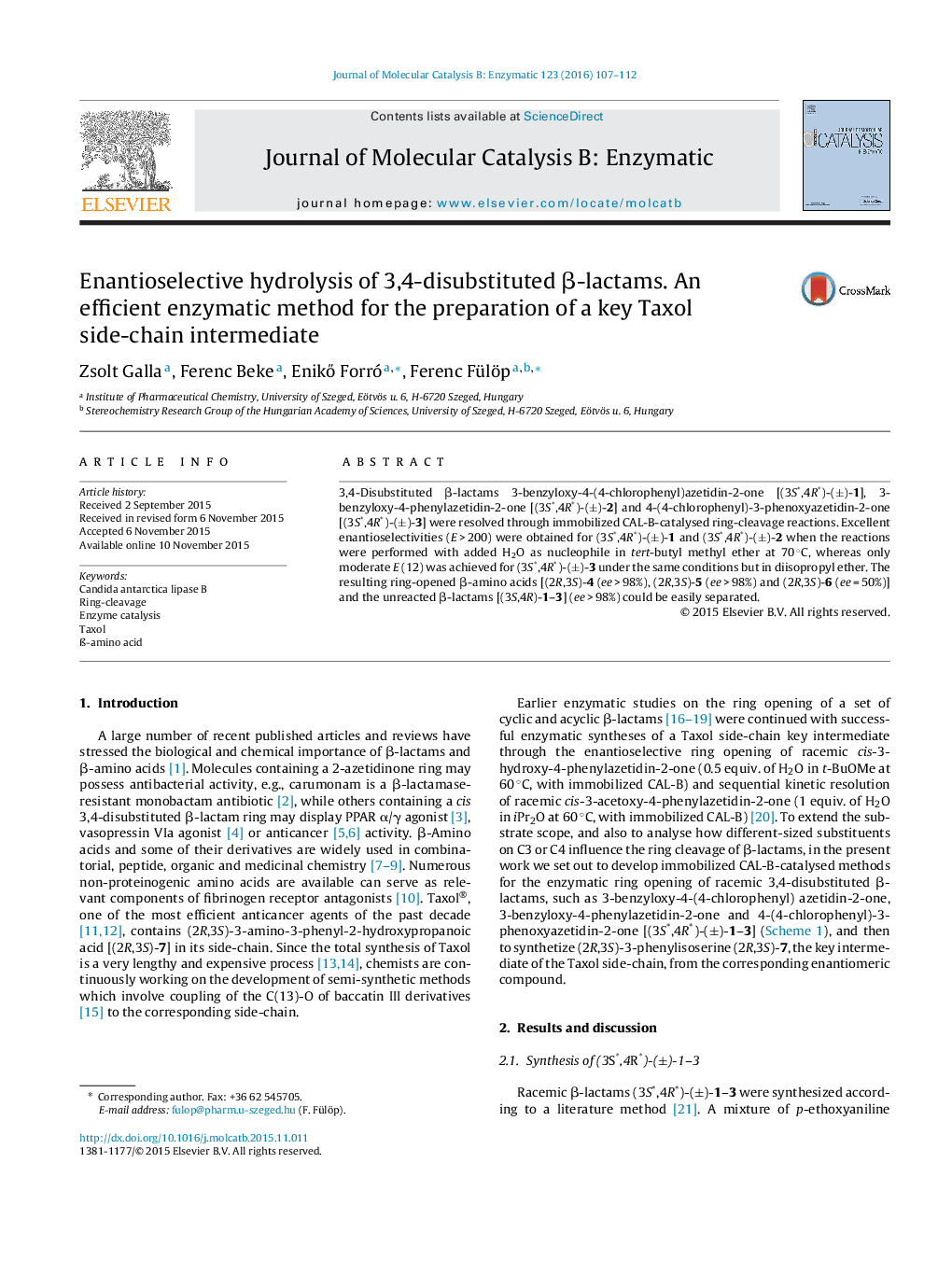 Enantioselective hydrolysis of 3,4-disubstituted β-lactams. An efficient enzymatic method for the preparation of a key Taxol side-chain intermediate