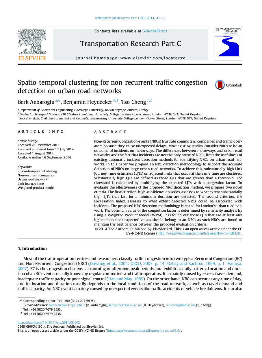 Spatio-temporal clustering for non-recurrent traffic congestion detection on urban road networks