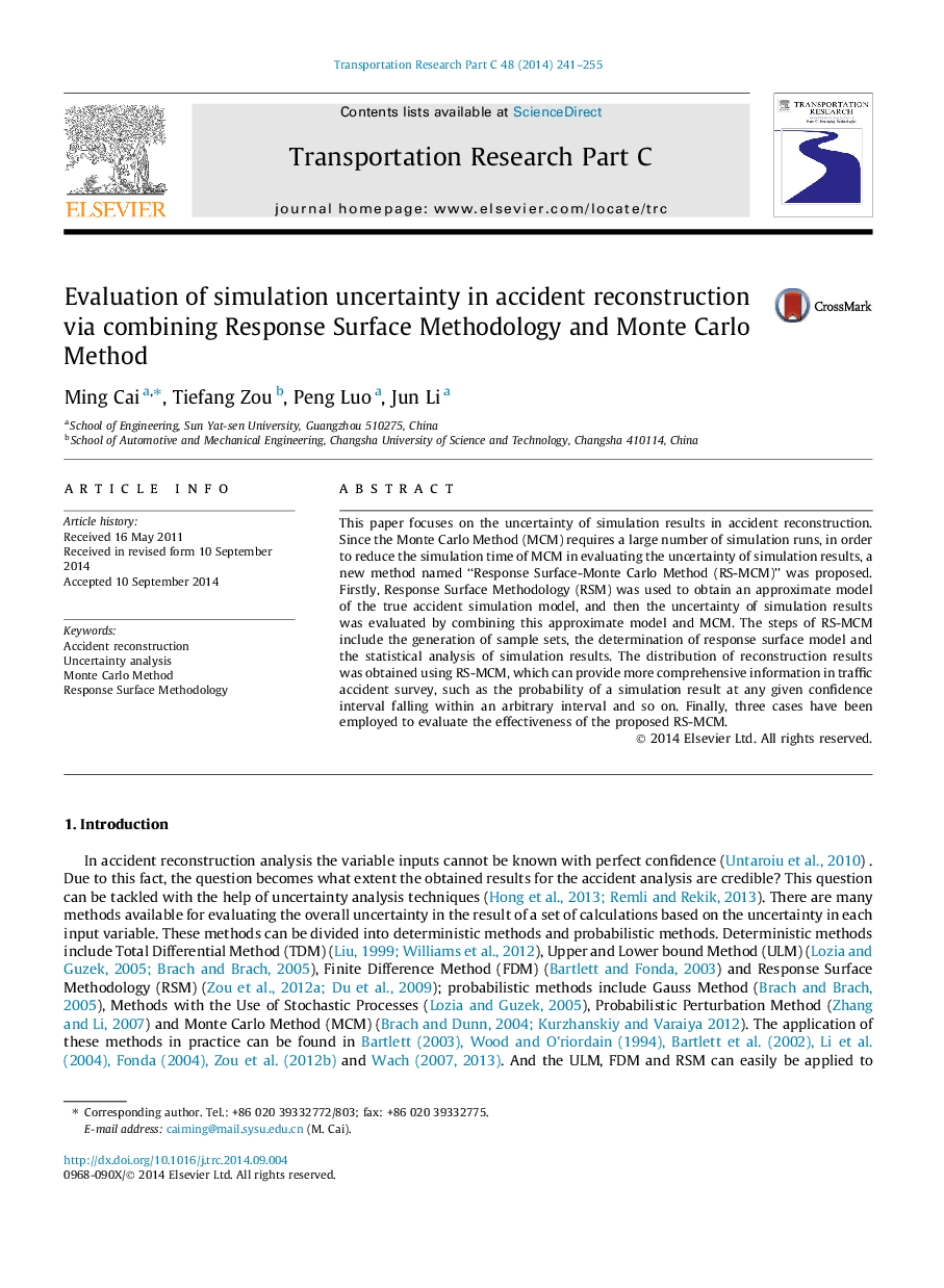 Evaluation of simulation uncertainty in accident reconstruction via combining Response Surface Methodology and Monte Carlo Method