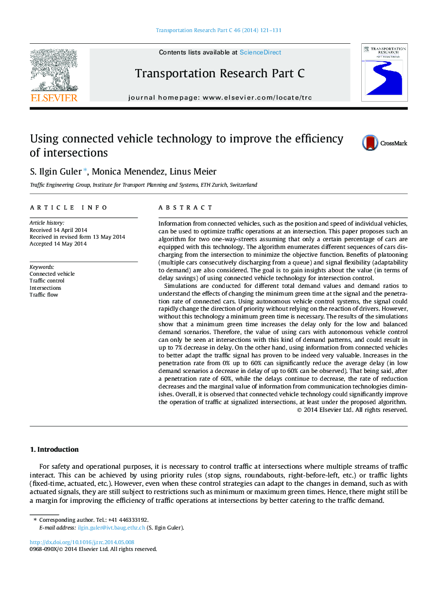 Using connected vehicle technology to improve the efficiency of intersections