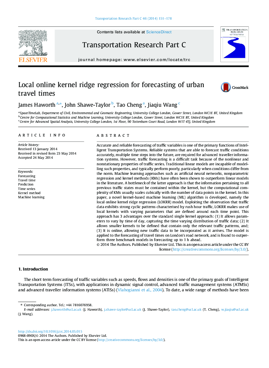 Local online kernel ridge regression for forecasting of urban travel times