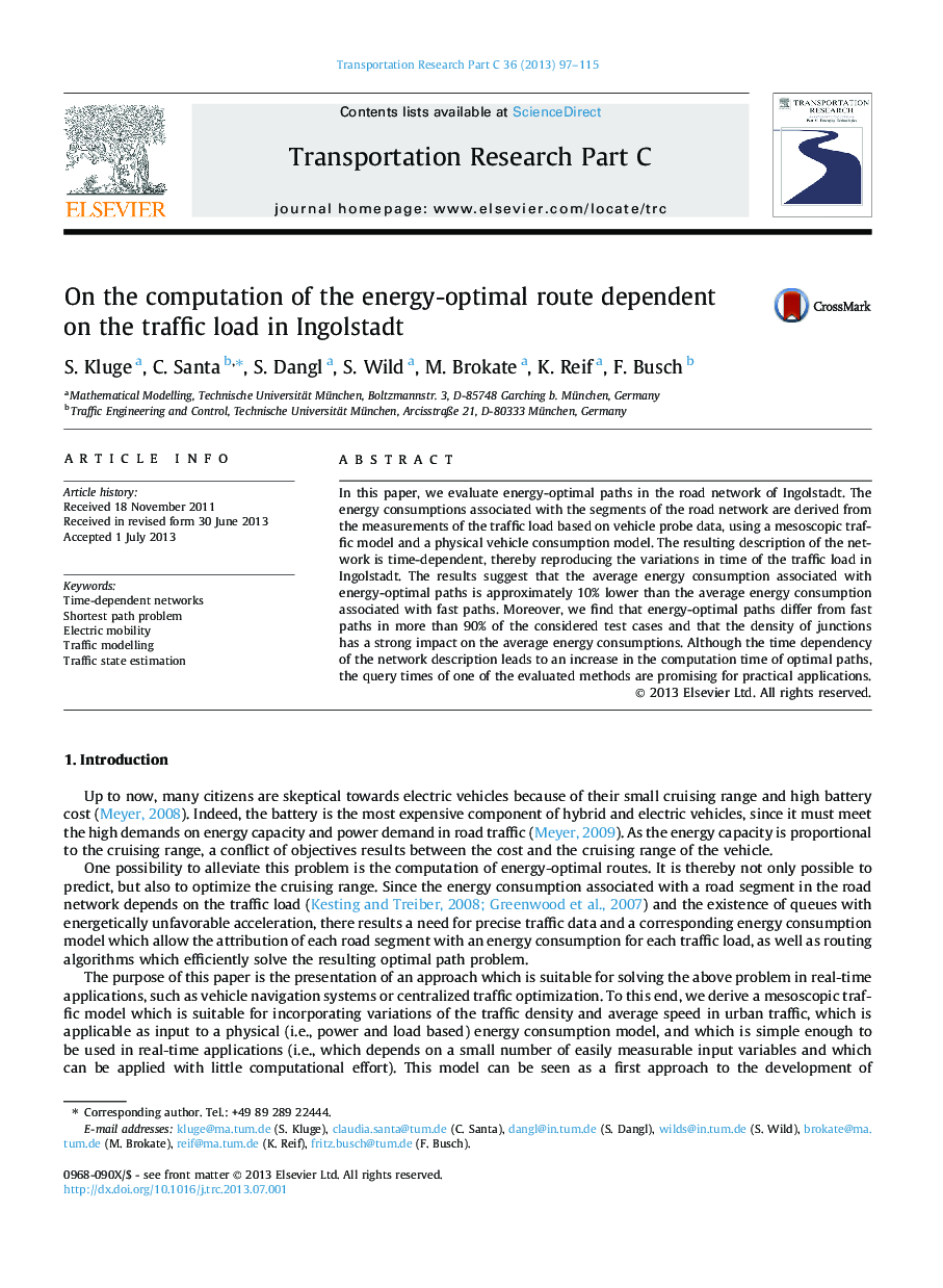 On the computation of the energy-optimal route dependent on the traffic load in Ingolstadt