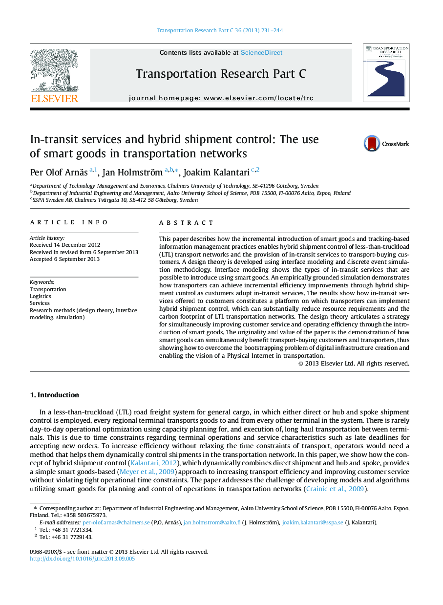 In-transit services and hybrid shipment control: The use of smart goods in transportation networks
