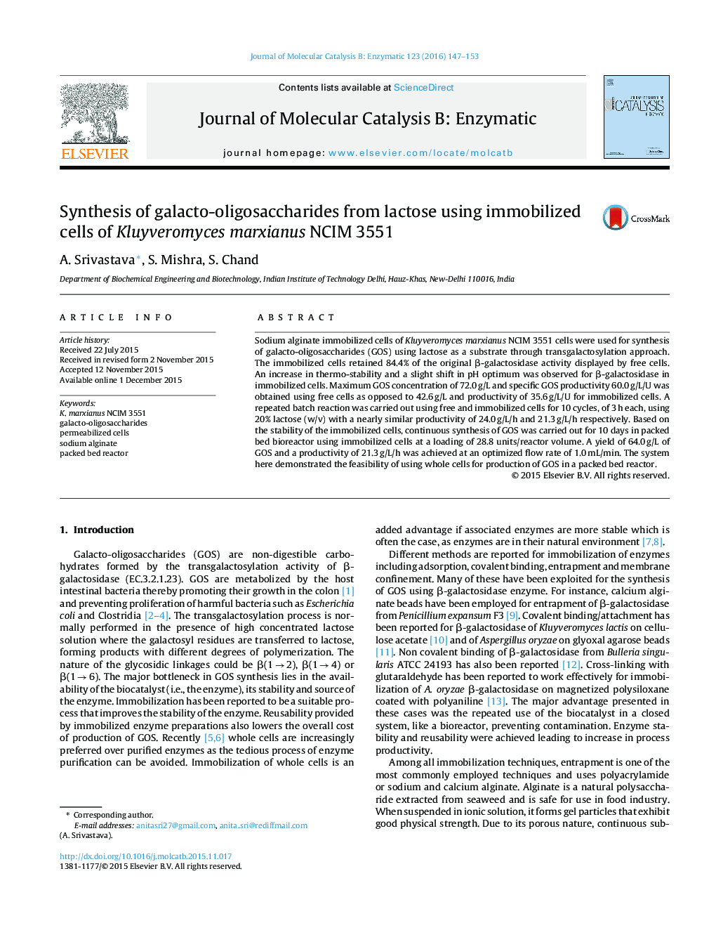 Synthesis of galacto-oligosaccharides from lactose using immobilized cells of Kluyveromyces marxianus NCIM 3551