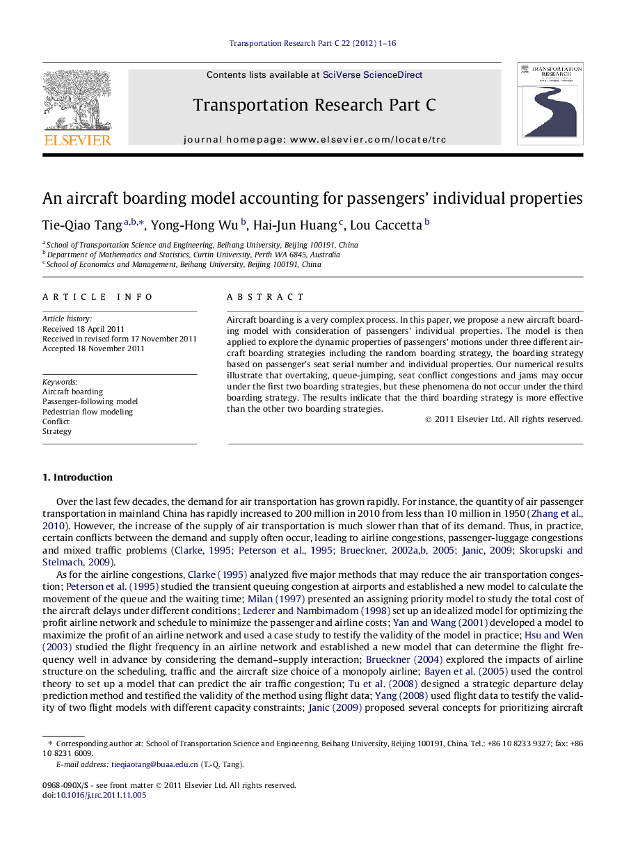 An aircraft boarding model accounting for passengers' individual properties