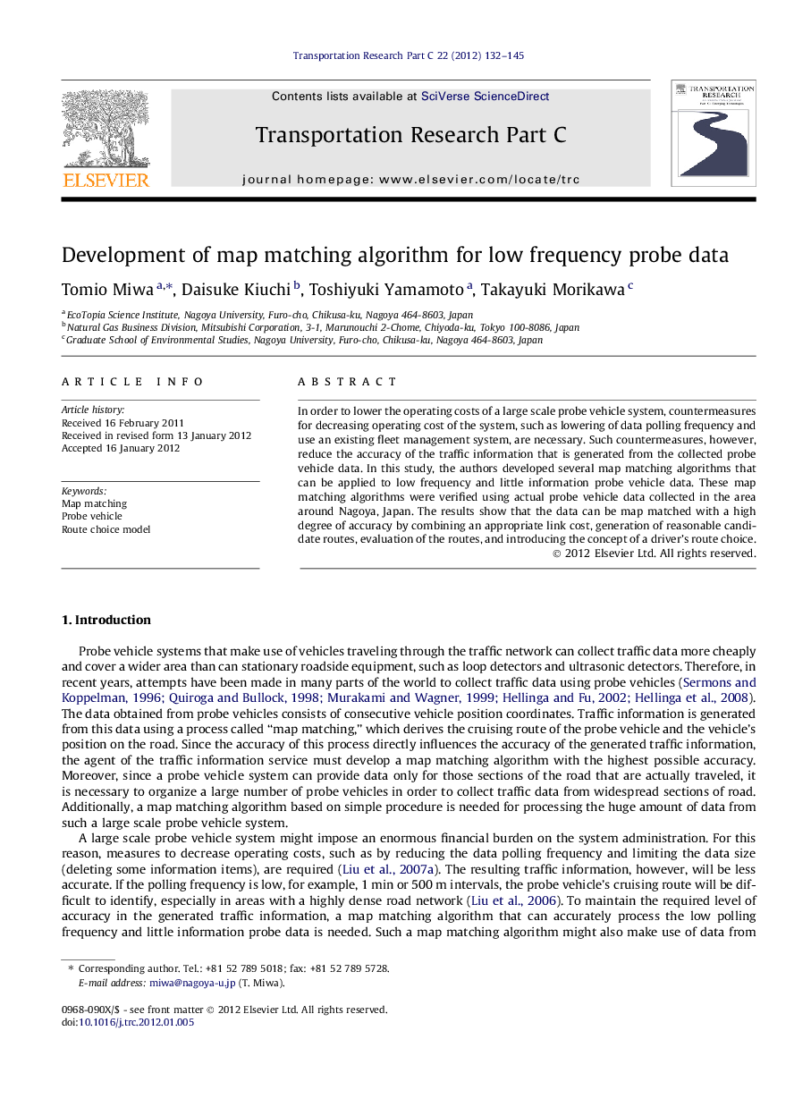 Development of map matching algorithm for low frequency probe data