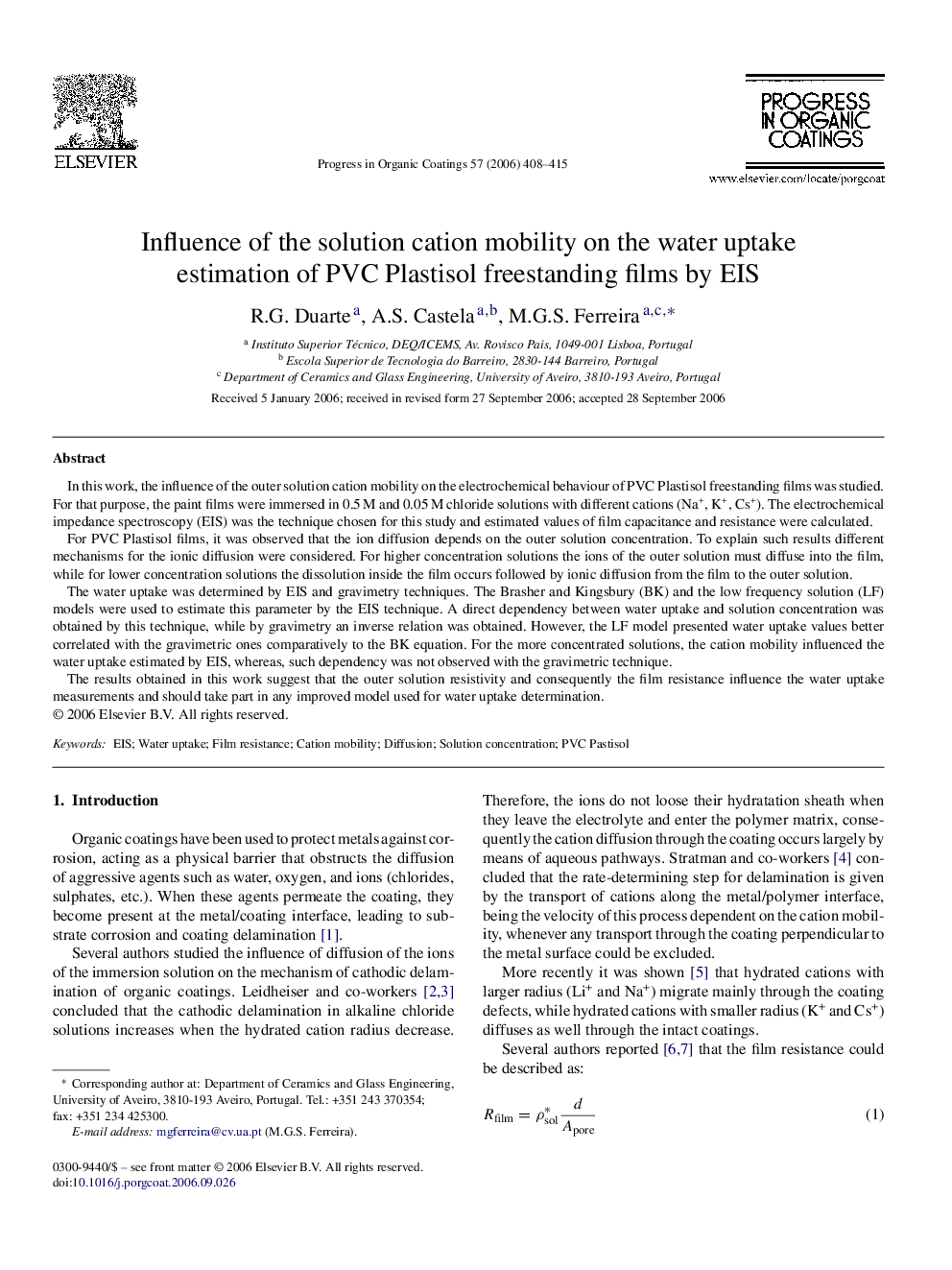 Influence of the solution cation mobility on the water uptake estimation of PVC Plastisol freestanding films by EIS