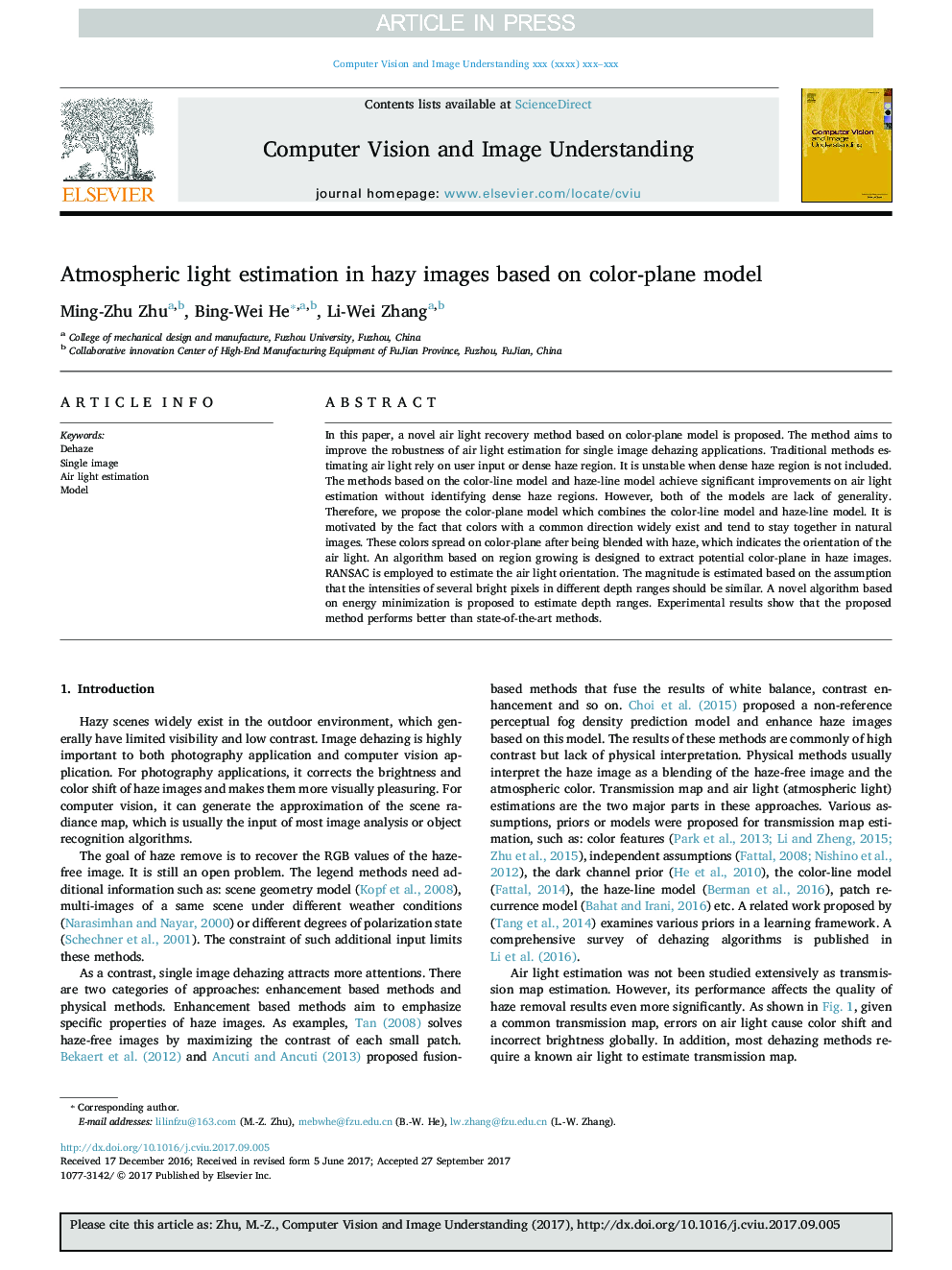 Atmospheric light estimation in hazy images based on color-plane model