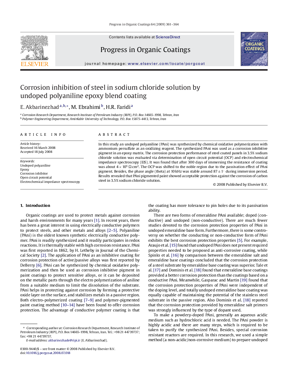 Corrosion inhibition of steel in sodium chloride solution by undoped polyaniline epoxy blend coating