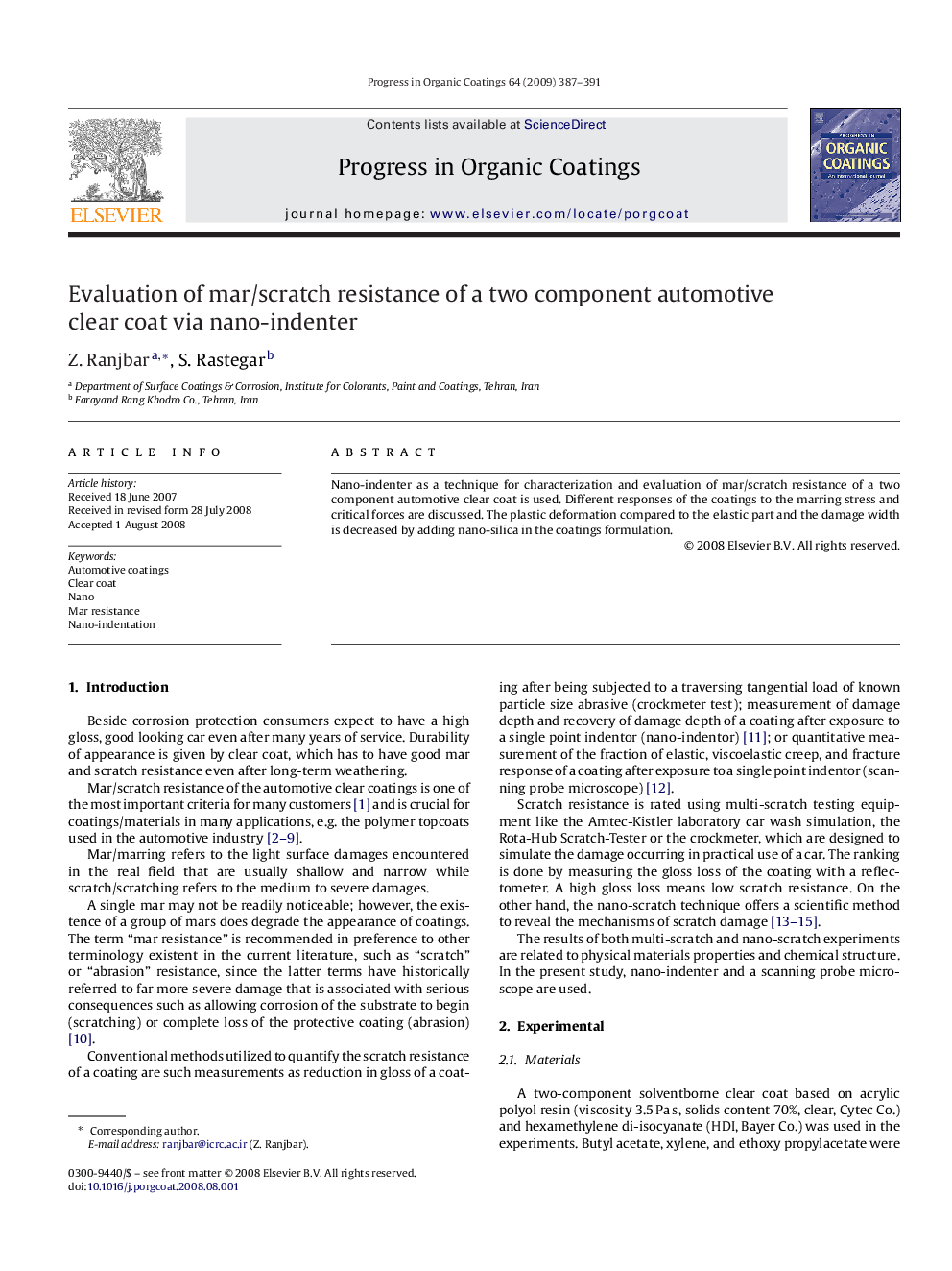 Evaluation of mar/scratch resistance of a two component automotive clear coat via nano-indenter