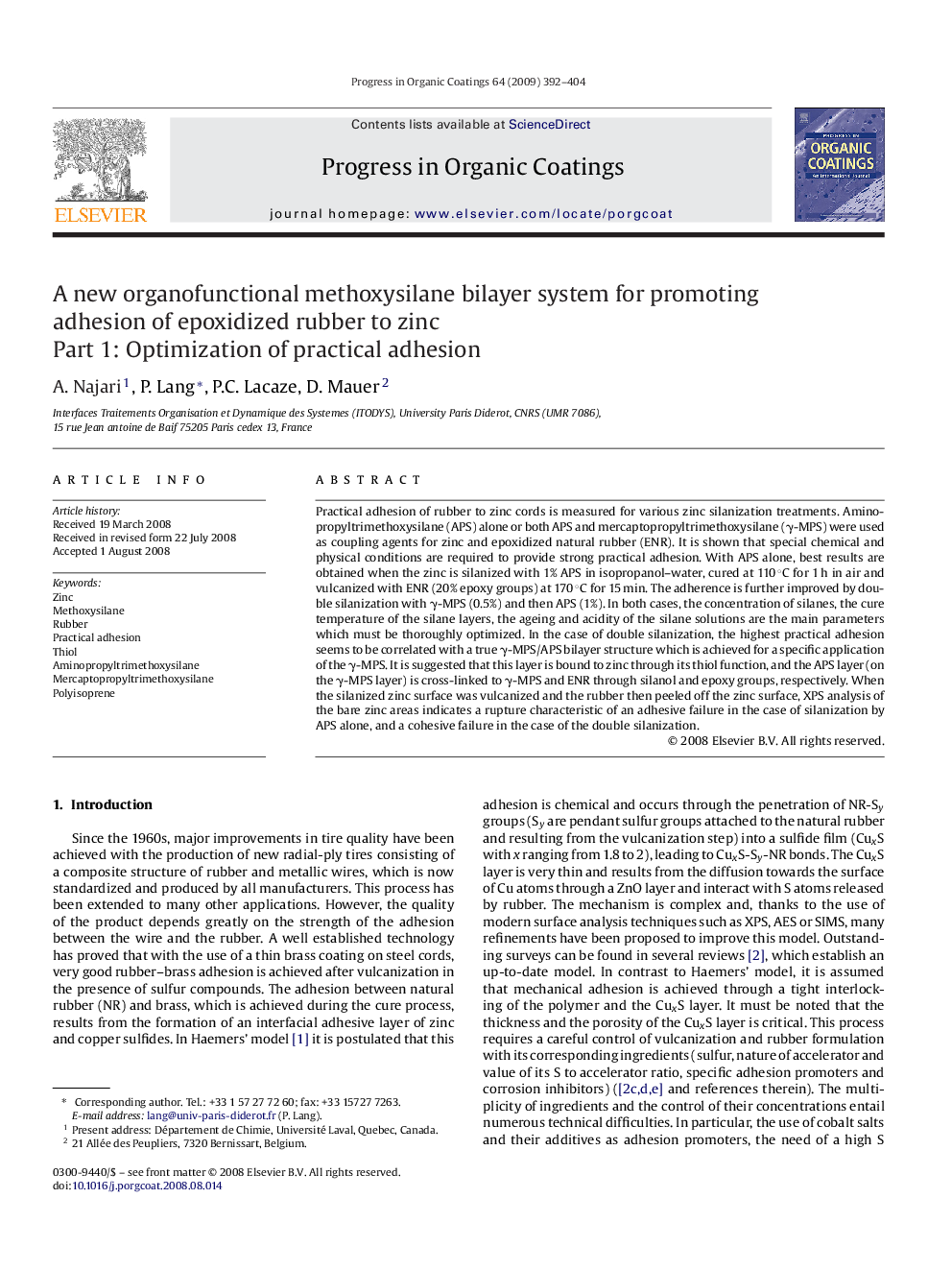 A new organofunctional methoxysilane bilayer system for promoting adhesion of epoxidized rubber to zinc