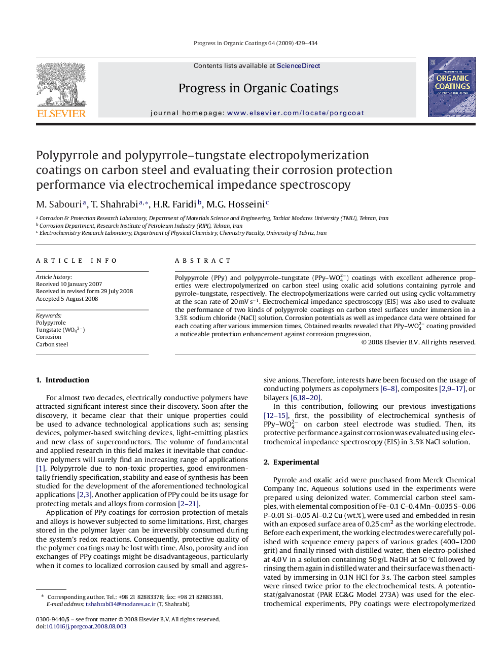 Polypyrrole and polypyrrole-tungstate electropolymerization coatings on carbon steel and evaluating their corrosion protection performance via electrochemical impedance spectroscopy